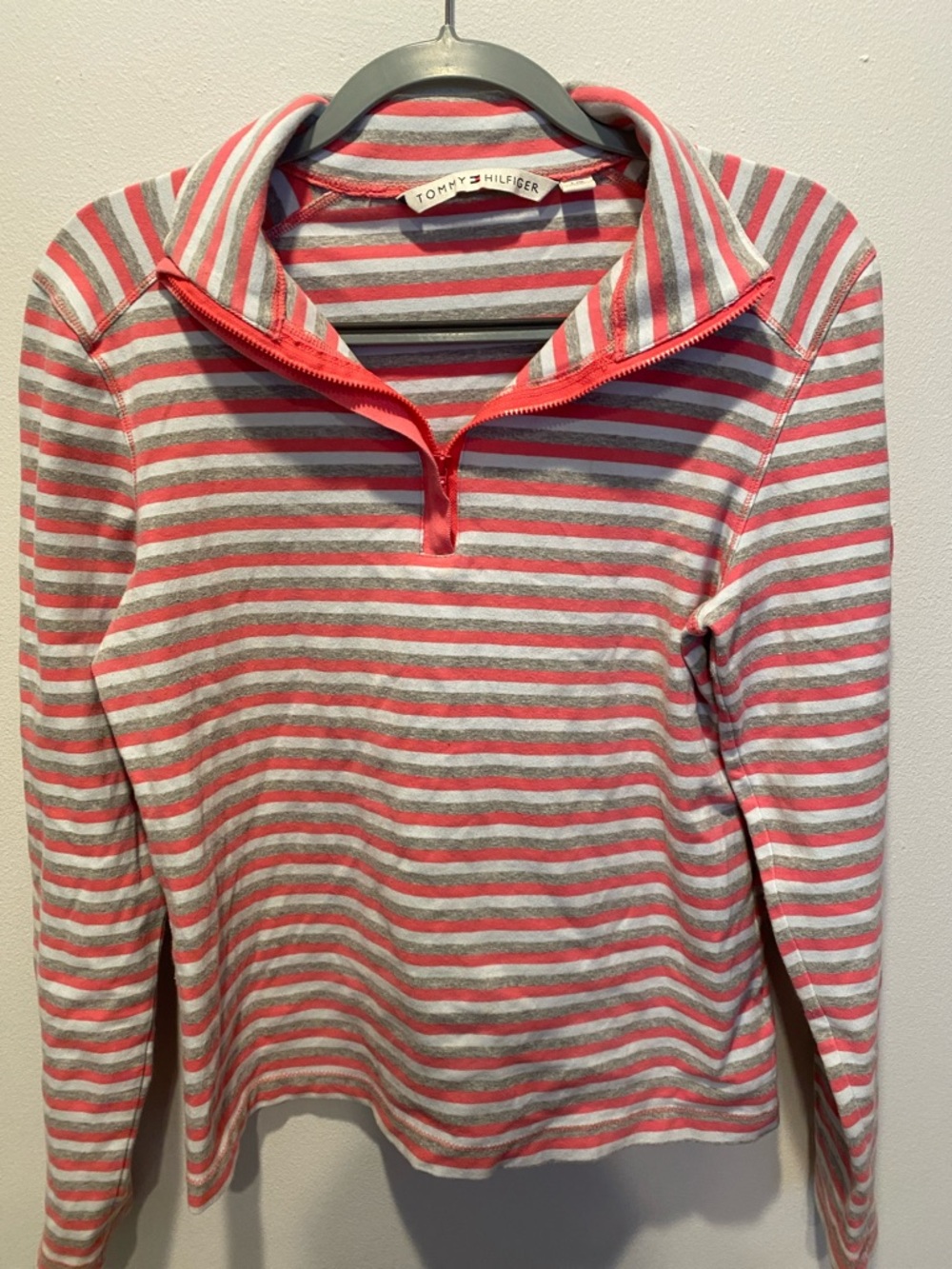 Tommy Hilfiger Pink & Gray Striped Quarter-Zip Sweater size Large
